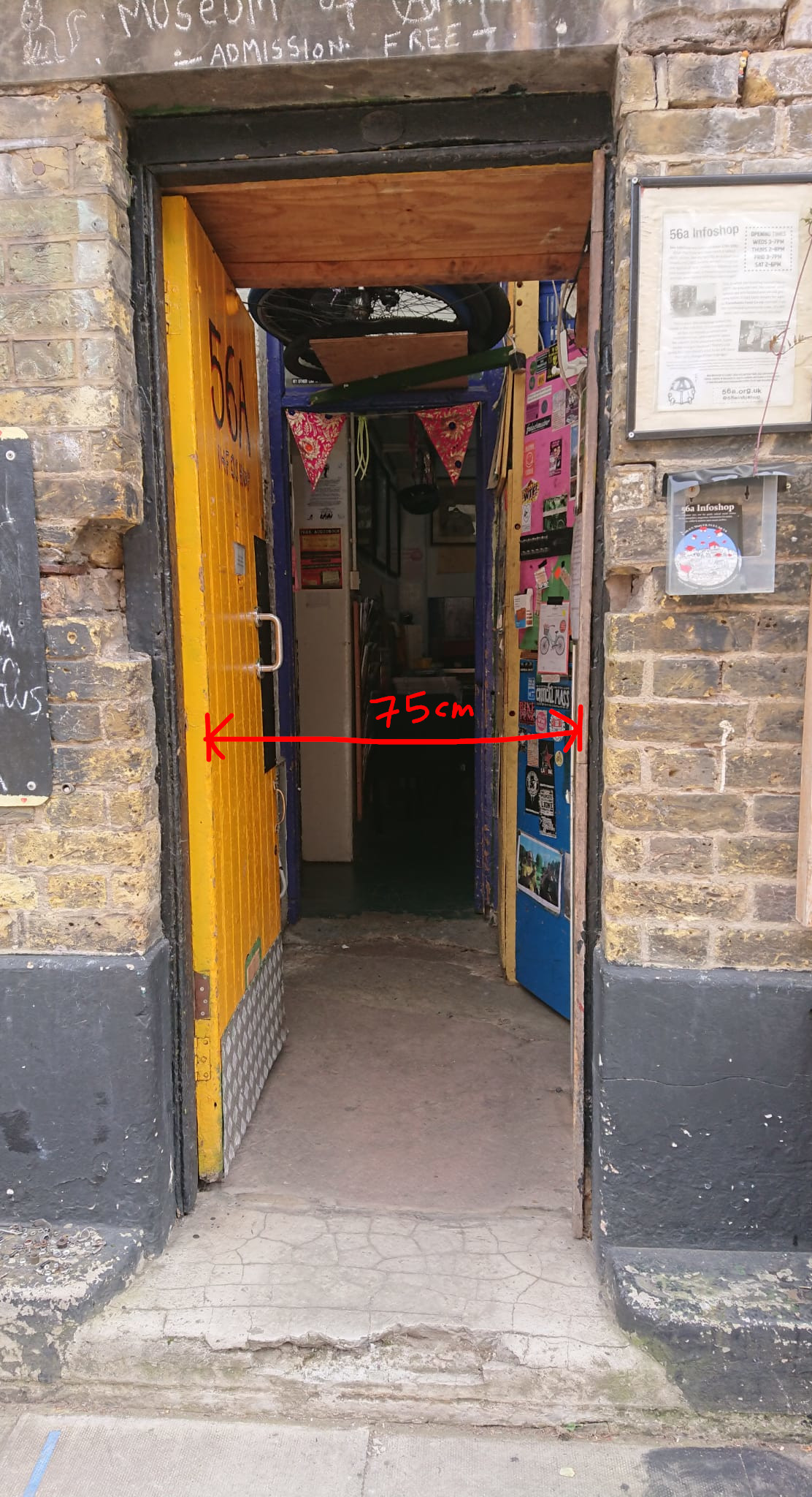 A photo of the first doorway, with a measurement of 75cm