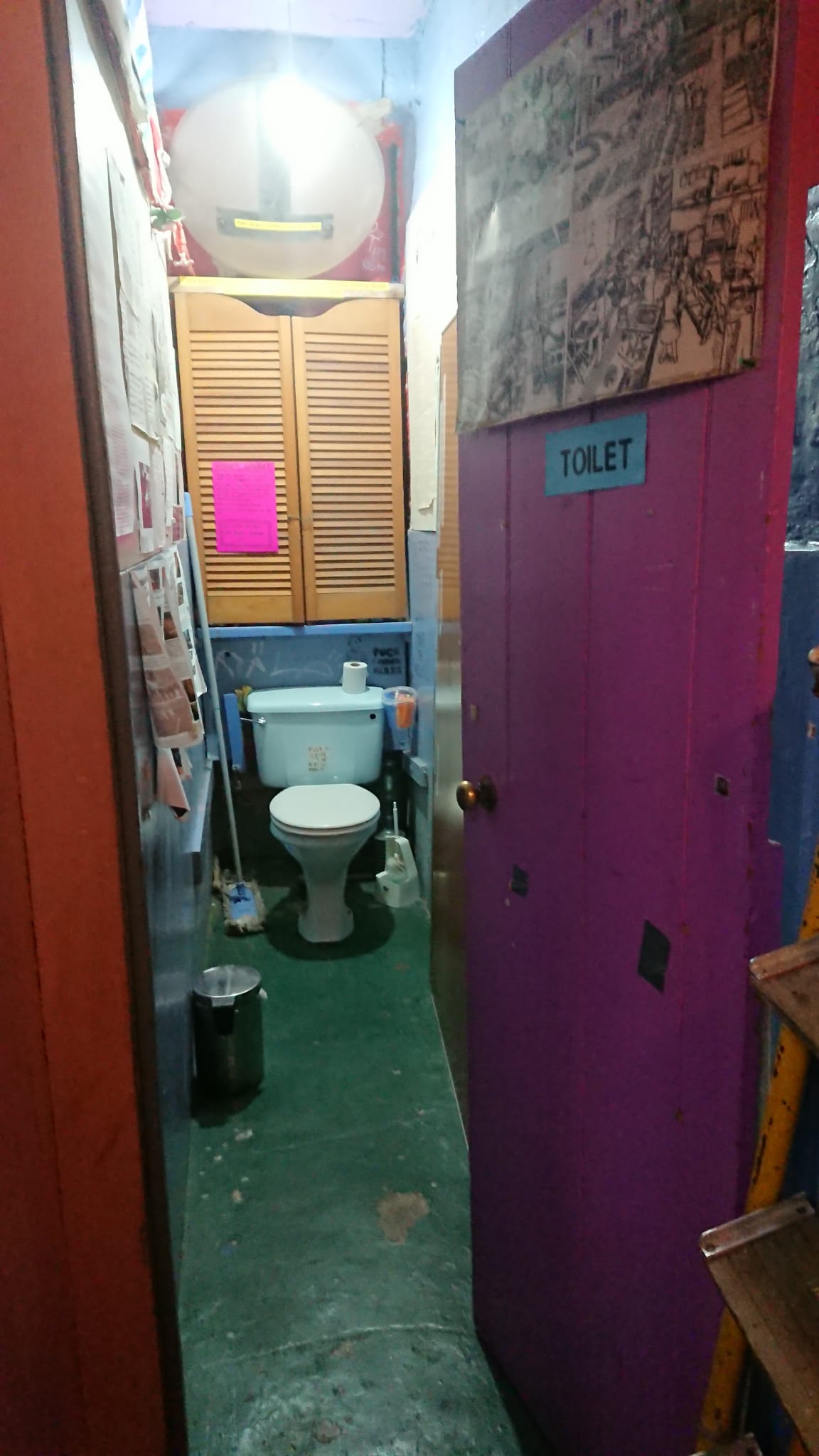 A photo of the toilet, a thin room behind a pink door with just a loo at one end.